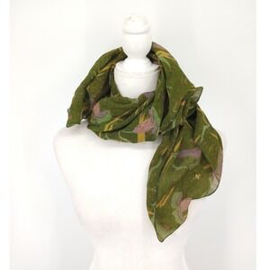 Vintage‎ Floral Paisley Scarf Womens Green Gold Metallic Thread Hand Rolled